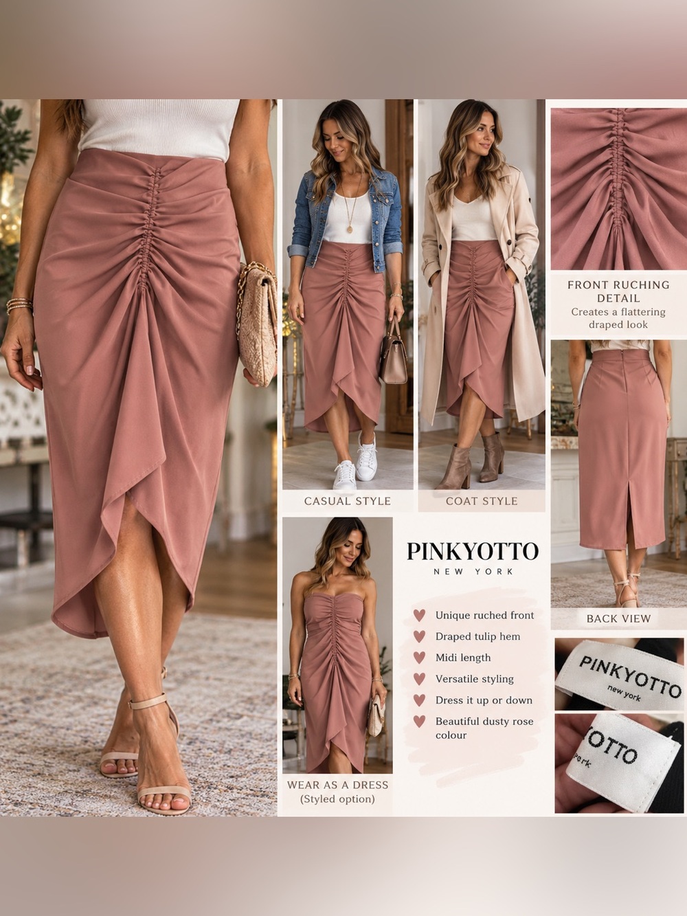 PINKYOTTO Dusty Rose Ruched Tulip Midi Skirt